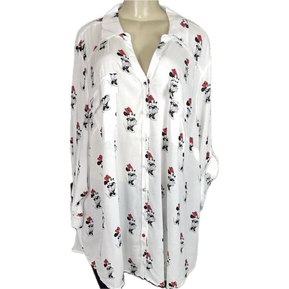 Disney +4 White Split Neck Minnie Mouse Graphic Button Collar 3/4 Sleeve Shirt - Picture 2 of 6